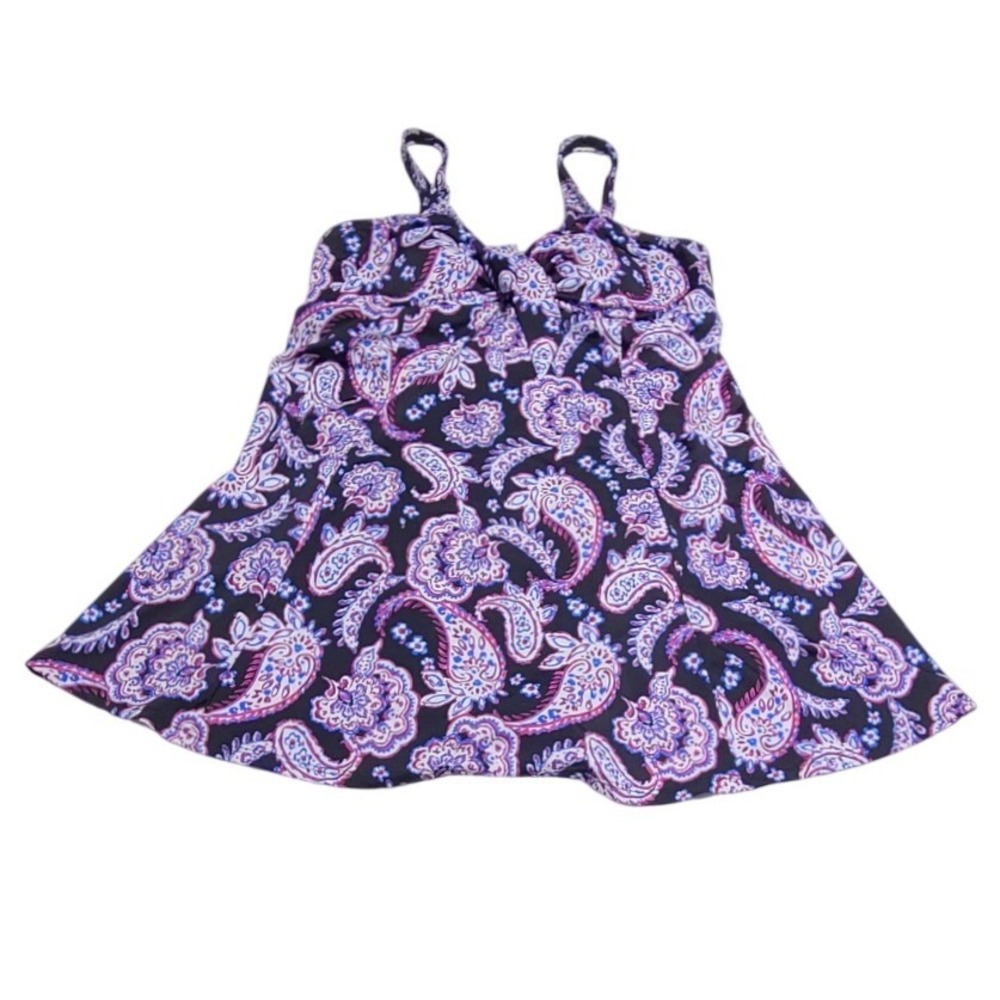 Swim Solutions Women's Paisley Twist Knot Swim Dress One Piece Black Purple